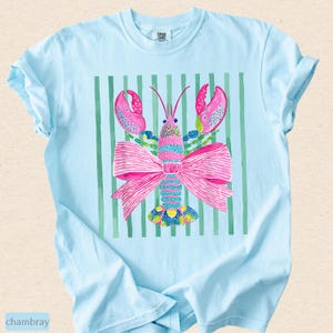 Pink Lobster Shirt, Coastal Summer Tee, Comfort Colors Coquette Beach Graphic, Preppy Lobster Bow Top image 6