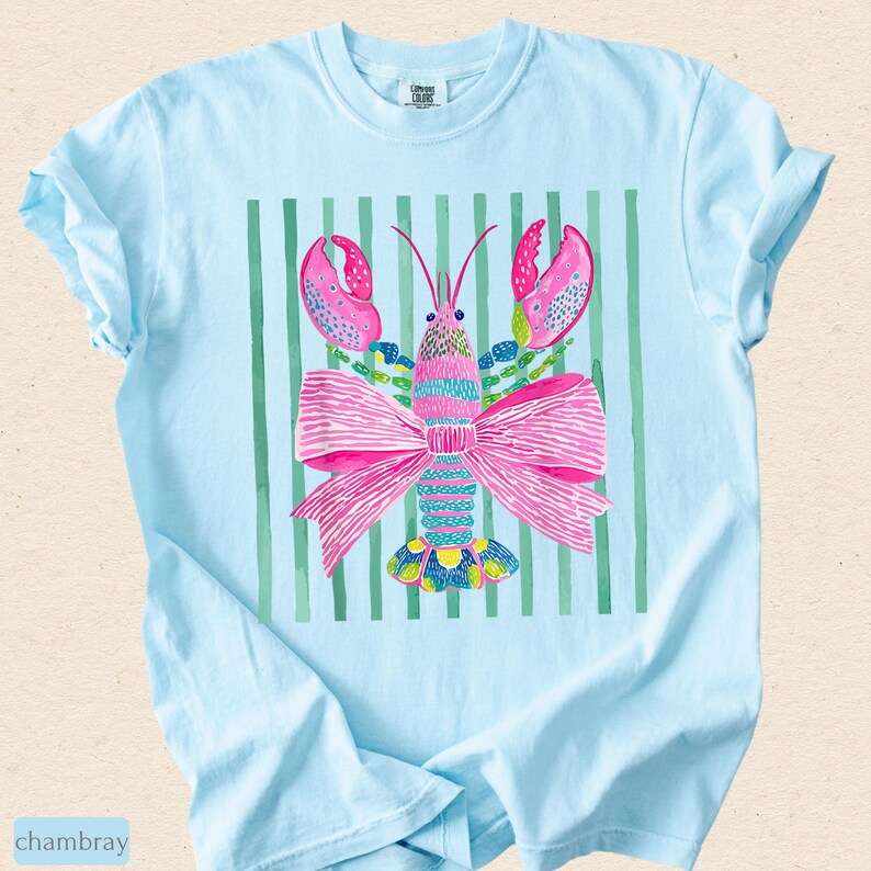 Pink Lobster Shirt, Coastal Summer Tee, Comfort Colors Coquette Beach Graphic, Preppy Lobster Bow Top image 6