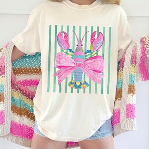 Pink Lobster Shirt, Coastal Summer Tee, Comfort Colors Coquette Beach Graphic, Preppy Lobster Bow Top image 5