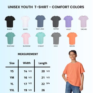 May include: A color chart for Comfort Colors youth t-shirts featuring twelve solid colors: black, white, blue jean, pepper, violet, orchid, seafoam, blossom, chalky, gray, and melon. Includes a measurement table in inches for sizes YS to YXL.