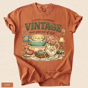 May include: A rust-colored t-shirt featuring a graphic print with the text "CLASSIC & CHARMING VINTAGE never goes out of style". The illustration includes stacked bowls, a floral pitcher, a rotary phone, a lamp, a camera, and a sewing basket.