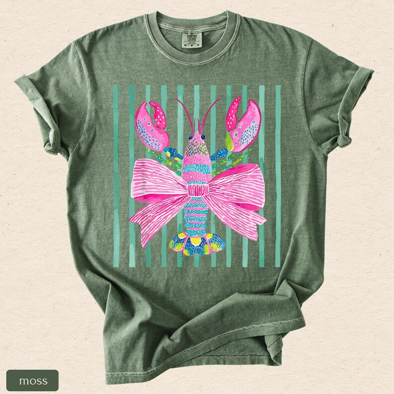 Pink Lobster Shirt, Coastal Summer Tee, Comfort Colors Coquette Beach Graphic, Preppy Lobster Bow Top image 15
