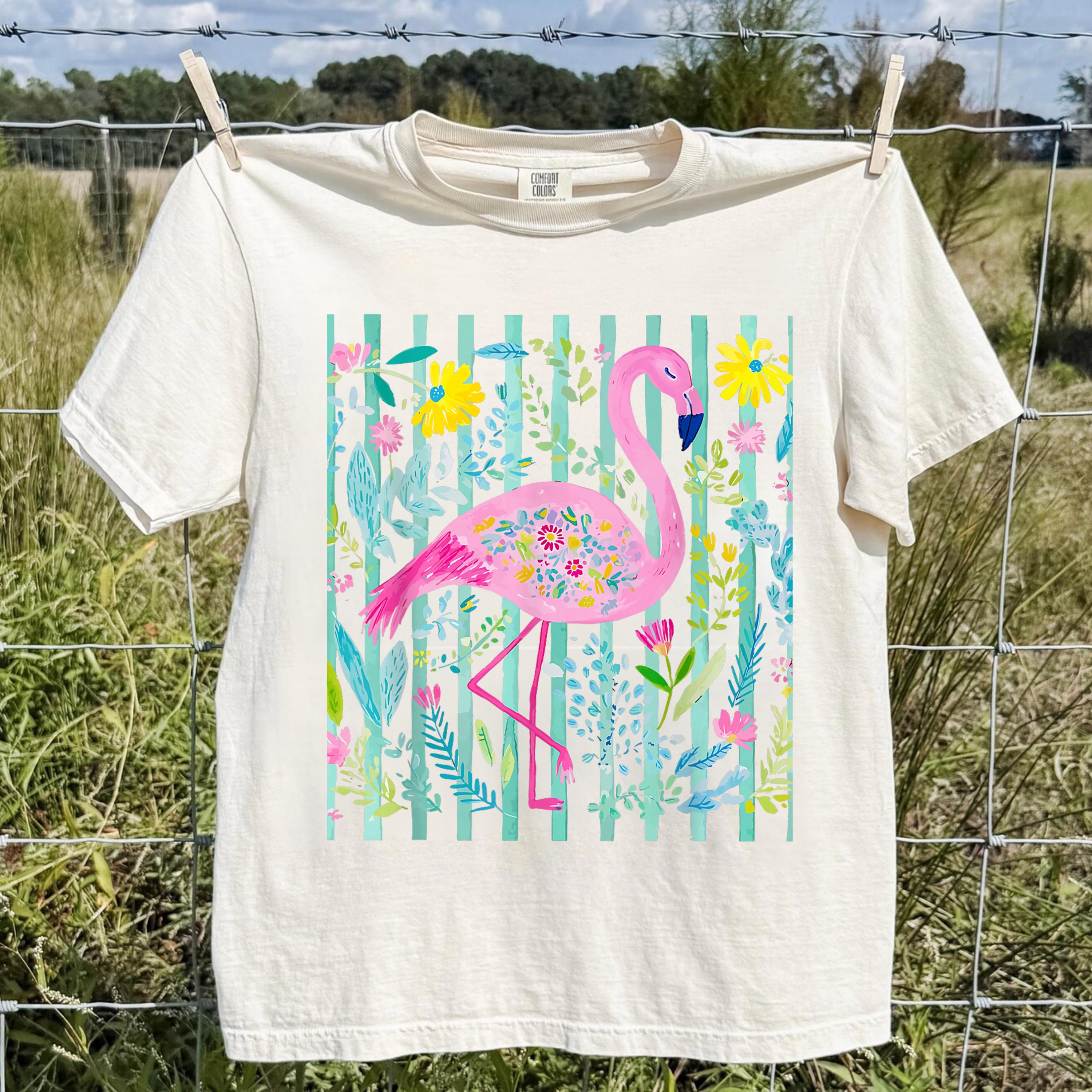Pink Flamingo Shirt, Tropical Floral Bird Tee, Coastal Summer Graphic, Comfort Colors 1717, Beach Vacation Shirt, Preppy Flamingo Top