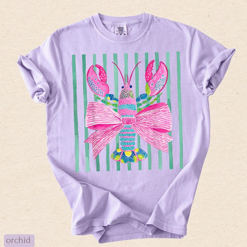 Pink Lobster Shirt, Coastal Summer Tee, Comfort Colors Coquette Beach Graphic, Preppy Lobster Bow Top image 13