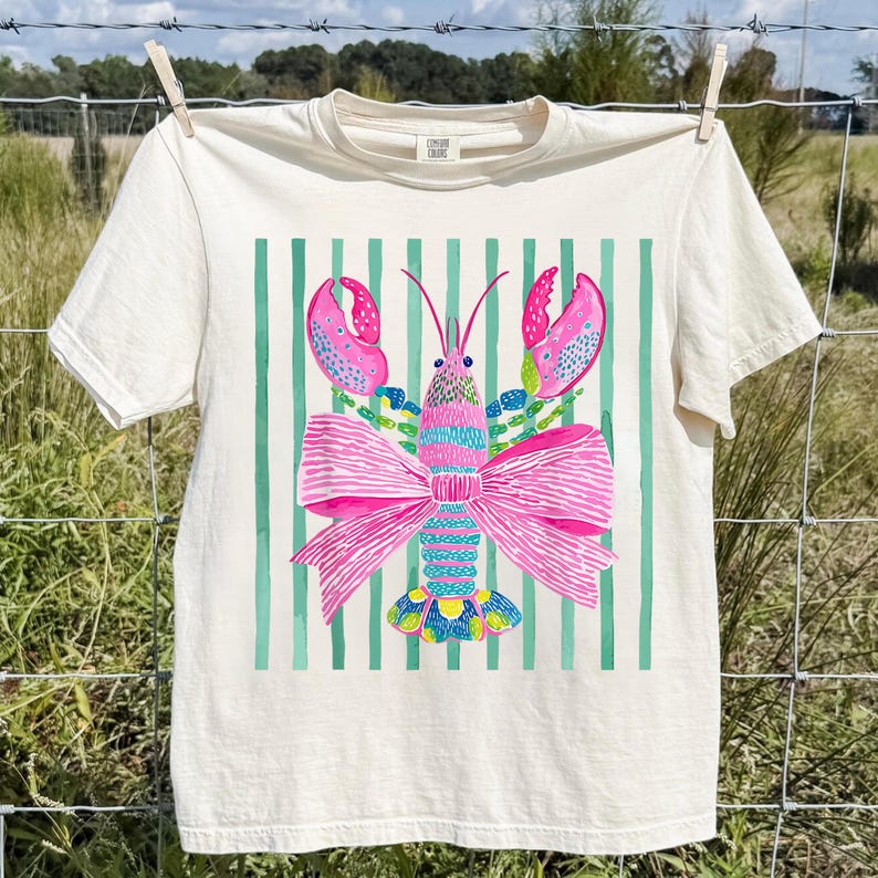 Pink Lobster Shirt, Coastal Summer Tee, Comfort Colors Coquette Beach Graphic, Preppy Lobster Bow Top image 1