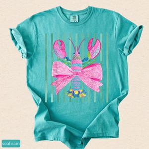 Pink Lobster Shirt, Coastal Summer Tee, Comfort Colors Coquette Beach Graphic, Preppy Lobster Bow Top image 12