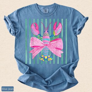 Pink Lobster Shirt, Coastal Summer Tee, Comfort Colors Coquette Beach Graphic, Preppy Lobster Bow Top image 4