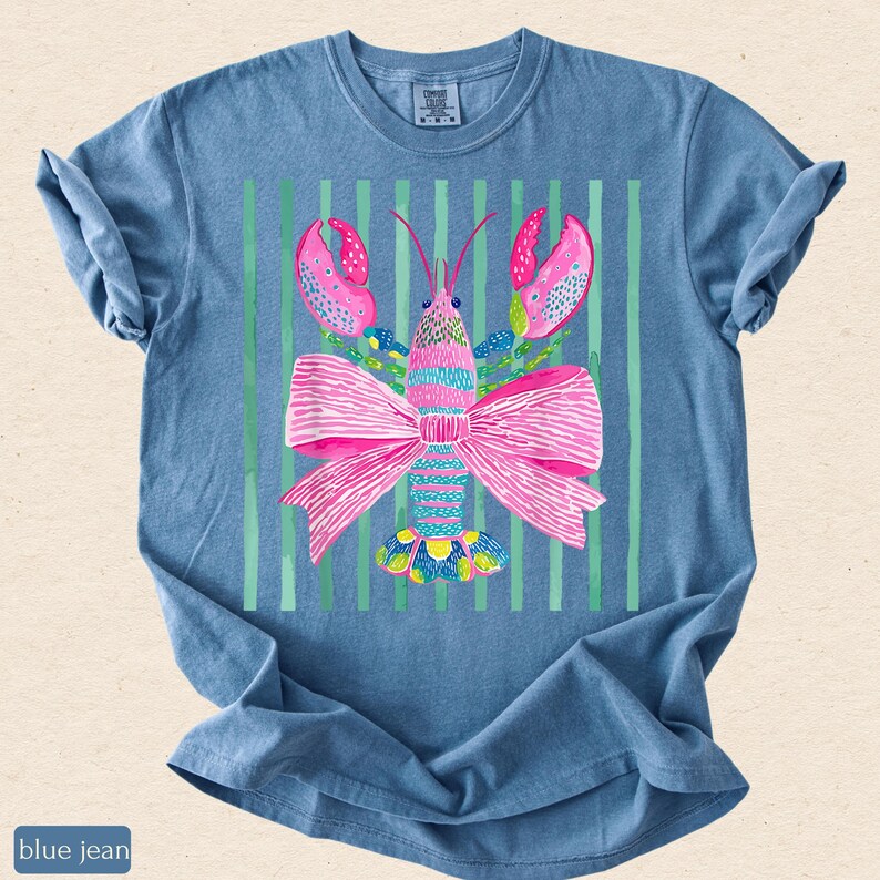 Pink Lobster Shirt, Coastal Summer Tee, Comfort Colors Coquette Beach Graphic, Preppy Lobster Bow Top image 4