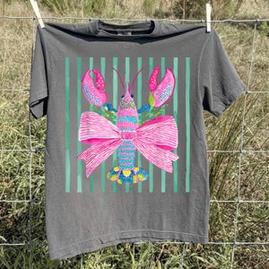 Pink Lobster Shirt, Coastal Summer Tee, Comfort Colors Coquette Beach Graphic, Preppy Lobster Bow Top image 2