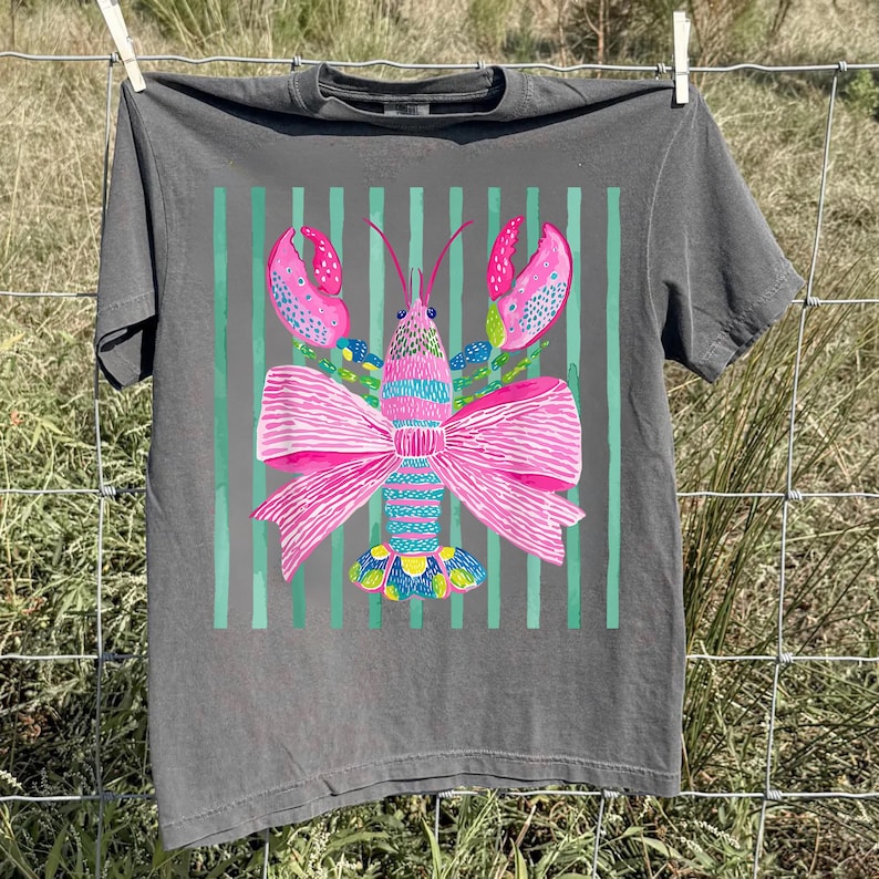 Pink Lobster Shirt, Coastal Summer Tee, Comfort Colors Coquette Beach Graphic, Preppy Lobster Bow Top image 2