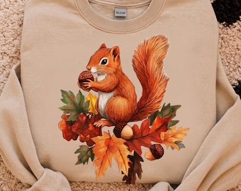 Autumn Squirrel Sweatshirt, Acorn and Fall Leaves Crewneck, Cozy Woodland Animal Pullover, Cottagecore Fall Nature Sweater