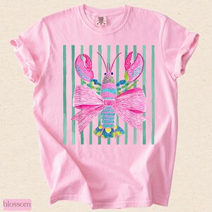 Pink Lobster Shirt, Coastal Summer Tee, Comfort Colors Coquette Beach Graphic, Preppy Lobster Bow Top image 14