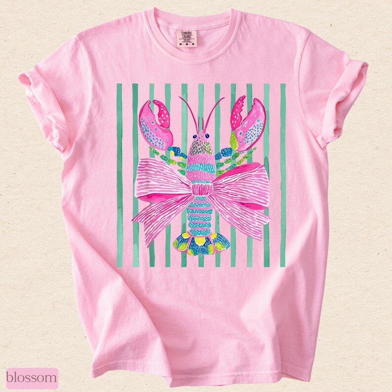 Pink Lobster Shirt, Coastal Summer Tee, Comfort Colors Coquette Beach Graphic, Preppy Lobster Bow Top image 14
