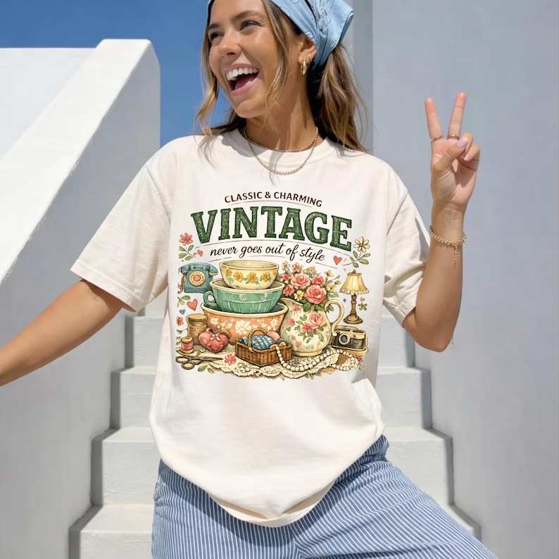 May include: A cream-colored short-sleeve t-shirt featuring a graphic print of stacked bowls, a floral pitcher, a rotary phone, a lamp, and a camera. The text reads CLASSIC & CHARMING VINTAGE never goes out of style, surrounded by small floral accents.