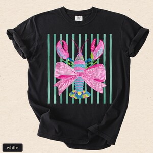Pink Lobster Shirt, Coastal Summer Tee, Comfort Colors Coquette Beach Graphic, Preppy Lobster Bow Top image 17