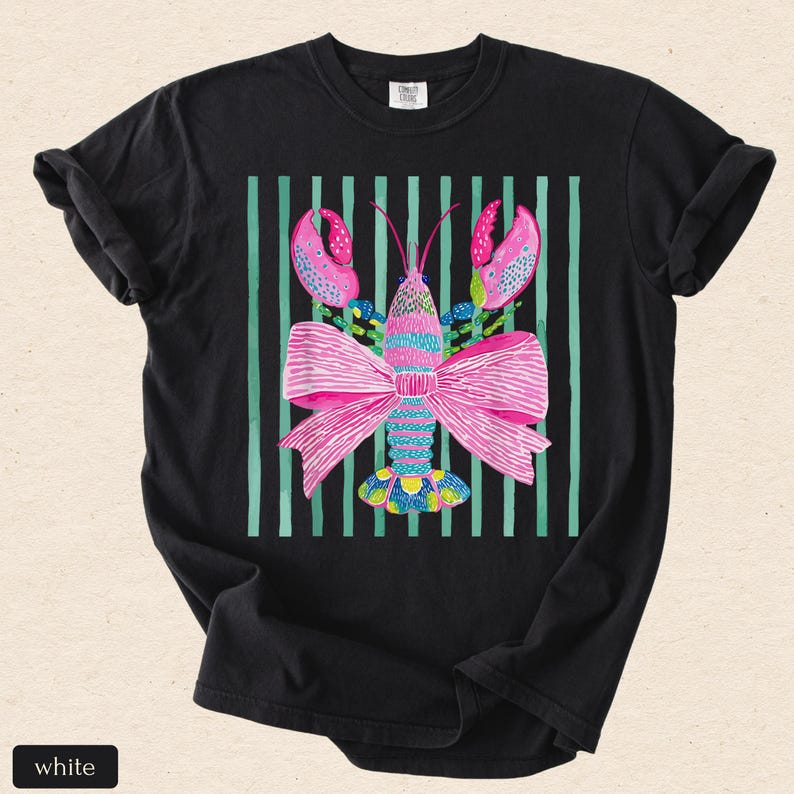 Pink Lobster Shirt, Coastal Summer Tee, Comfort Colors Coquette Beach Graphic, Preppy Lobster Bow Top image 17