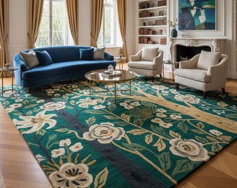 Handtuftad blommig ullmatta för vardagsrummet | Blommig trädgårdsdesignmatta Naturinspirerad blommig ullmatta för sovrum och matplats