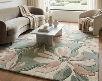 Sage Blush Floral Tufted Wool Rug | Modern Botanical Hand Tufted Rug, Luxury Floral Wool Floor Rug for Living Room, Bedroom and Dinning Area