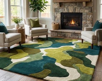 Organic Landscape Hand Tufted Rug | Forest Palette Handcrafted Wool Rug, Nature Inspired Modern Wool Area Rug for Living Room, Bedroom Space