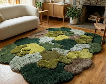 6x9 Organic Moss Shape Hand Tufted Rug for Living Room | Artistic Pebble Shape Wool Rug, Artistic Pebble Shape Wool Rug for Bedroom & Dining