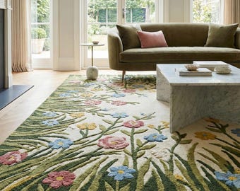 Hand Tufted Floral Garden Tufted Wool Rug | Handmade Floral Wool Area Rug, Botanical Garden Wool Floor Rug for Living Room Bedroom & Dinning