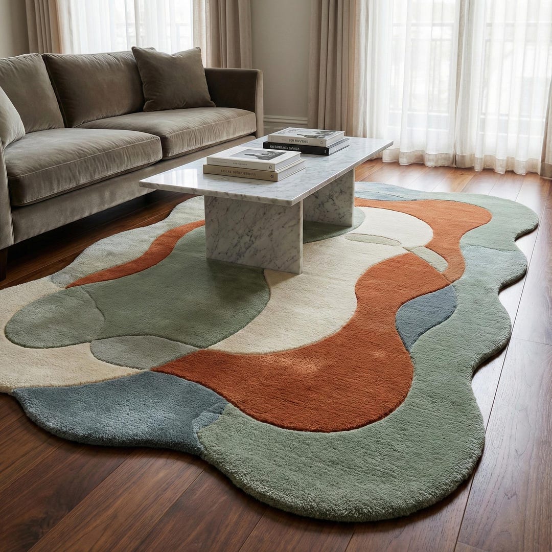 Curved Edge Contemporary Wool Rug | Organic Shape Tufted Wool Rug, Hand ...
