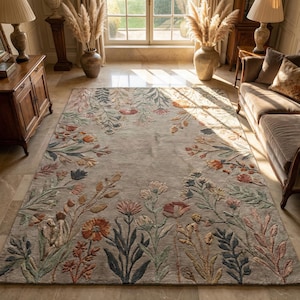 Tapete elegante feito à mão com estampa botânica | Tapete de lã inspirado em jardins, com design de borda de plantas da natureza, ideal para sala de estar, quarto e decoração de luxo.