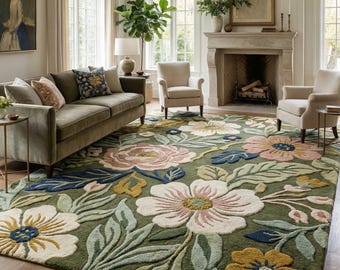 Botanical Garden Tufted Wool Area Rug | Nature Inspired Floral Wool Rug, Luxury Botanical Wool Floor Rug for Living Room, Bedroom & Dinning