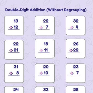 Puede incluir: Una hoja de trabajo para la suma de dos dígitos sin reagrupar. La hoja de trabajo tiene un fondo morado claro con diseños de hojas. Hay 12 problemas de matemáticas con números en cuadros blancos. El título está en la parte superior.