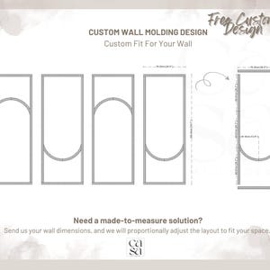 May include: A diagram of custom wall molding designs. The image shows several rectangular shapes with arched tops and bottoms, with dimensions in inches and centimeters. Text includes "Custom Wall Molding Design" and "Custom Fit For Your Wall."
