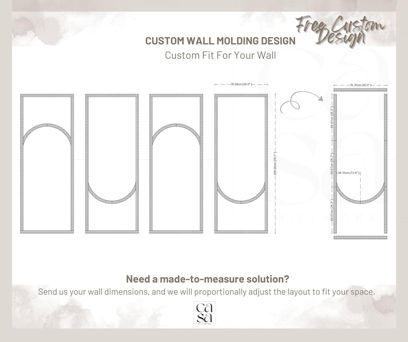 May include: A diagram of custom wall molding designs. The image shows several rectangular shapes with arched tops and bottoms, with dimensions in inches and centimeters. Text includes "Custom Wall Molding Design" and "Custom Fit For Your Wall."