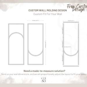 May include: A diagram for custom wall molding design, with dimensions in centimeters and inches. The text reads "Custom Fit For Your Wall" and "Need a made-to-measure solution?" The design includes arched and curved elements.