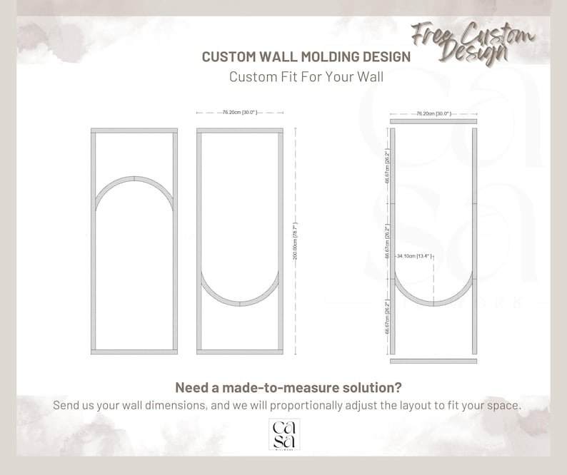 May include: A diagram for custom wall molding design, with dimensions in centimeters and inches. The text reads "Custom Fit For Your Wall" and "Need a made-to-measure solution?" The design includes arched and curved elements.