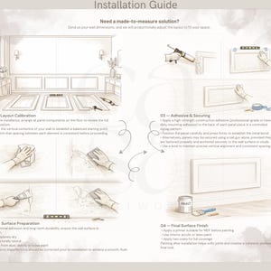 May include: Installation guide with step-by-step instructions for installing wall panels. The guide includes illustrations for layout calibration, surface preparation, adhesive and securing, and final surface finish. Text at the top reads, "Need a made-to-measure solution?"