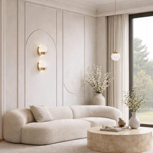 May include: A modern living room with a curved, cream-colored sofa, a round coffee table, and a large window. The walls are a light neutral color with decorative paneling and two wall sconces. A vase of flowers sits on the coffee table.