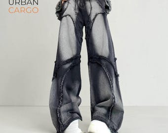 Y2K Grunge Patchwork Wide Leg Jeans | High Waisted Baggy Denim Pants, Vintage Streetwear, Skater Style, Loose Fit Trousers Gift