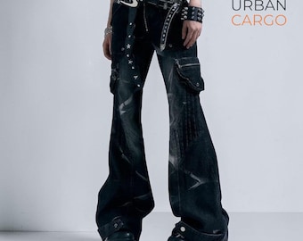 Gothic Flared Jeans | Y2K Grunge Wide Leg Denim Pants, High Waisted Streetwear Trousers