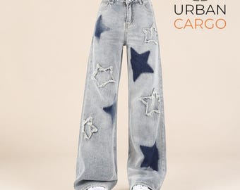 Star Patch Baggy Jeans Y2K Wide Leg Denim | Distressed Streetwear Pants Women, High Waisted Loose Fit, Trendy Gift for Her
