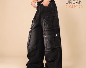 Black Baggy Cargo Pants Y2K Wide Leg Streetwear Trousers | High Waisted Loose Fit Utility Pants, Alt Casual Outfit, Gift for Her