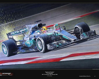 May include: A painting of a silver and green Formula 1 race car with the words "PETRONAS" and "DAS" on the side. The car is on a race track with sparks flying from the tires. The text "Sparks of Genius" is at the bottom of the image.