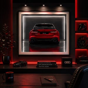 Peut inclure: Une impression d'art encadrée montrant la vue arrière d'une voiture Audi RS 6 rouge. La scène est située dans une pièce sombre avec un éclairage d'ambiance rouge, un bureau noir, une tasse noire avec un logo RS, un carnet et des livres empilés.