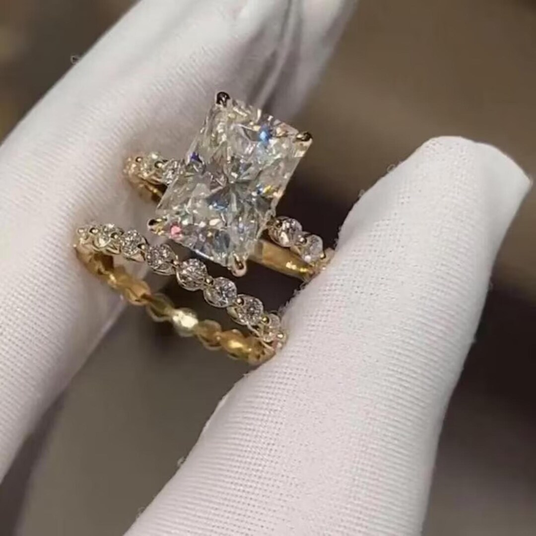 4CT Radiant Cut Moissanite Bridal Ring Set 14K Solid Gold Bobble ...