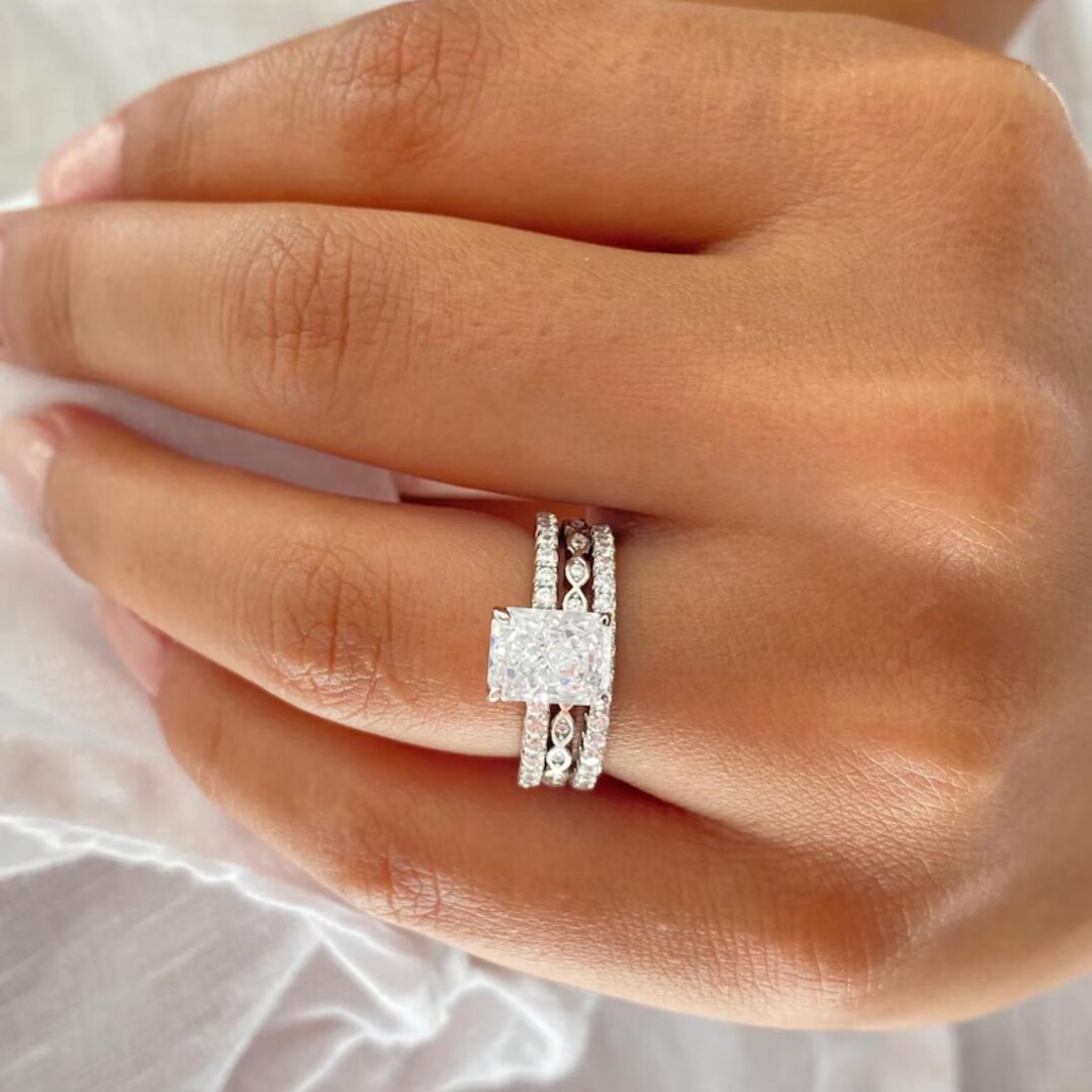 Radiant Cut Moissanite Bridal Ring Set 14K White Gold Trio Band Wedding ...