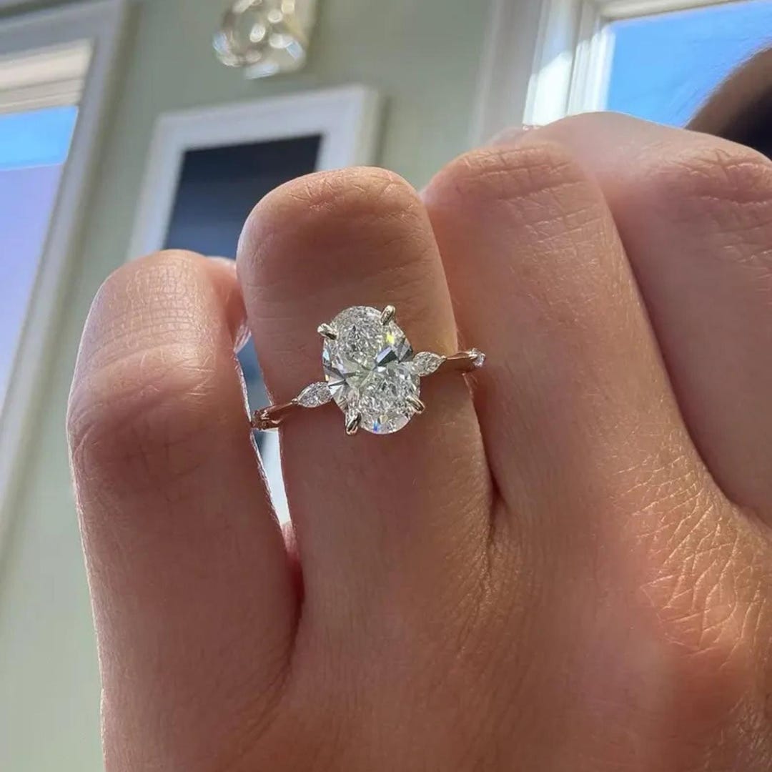 3 CT Oval Cut Moissanite Engagement Ring Solid Gold Marquise Side Stone ...