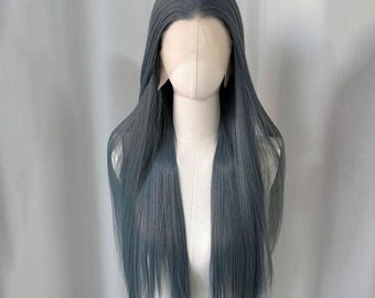 Peluca frontal de encaje gris humo larga: cabello sintético resistente al calor