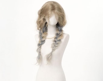 Peluca rizada azul y blanca con flequillo, estilo anime azul claro para mujer, peluca sintética ondulada natural para cosplay y disfraz.