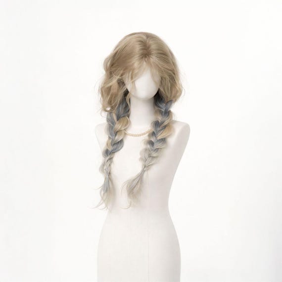 Blue White Ombre Curly Wig with Bangs, Light Blue Anime Wave Wigs for Women\ Natural Wavy Synthetic Hair Wig for Cosplay, Costume