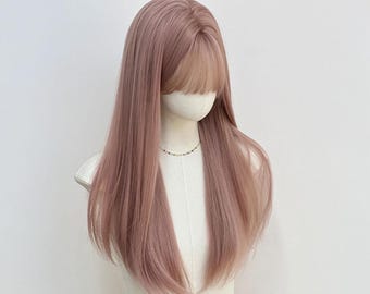 Parrucca rosa lunga e liscia con frangia: capelli sintetici resistenti al calore