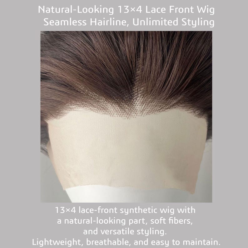 Op de afbeelding: Een close-up van een bruine synthetische lace-front pruik. De pruik heeft een natuurlijk ogende scheiding en een naadloze haarlijn. De tekst op de afbeelding luidt: "Natural-Looking 13x4 Lace Front Wig Seamless Hairline, Unlimited Styling."