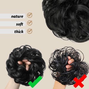 May include: Black hair bun extensions. The image shows a close-up of a black hair bun, with the words "nature", "soft", and "thick" next to checkmarks. The bun appears to be thick and soft.